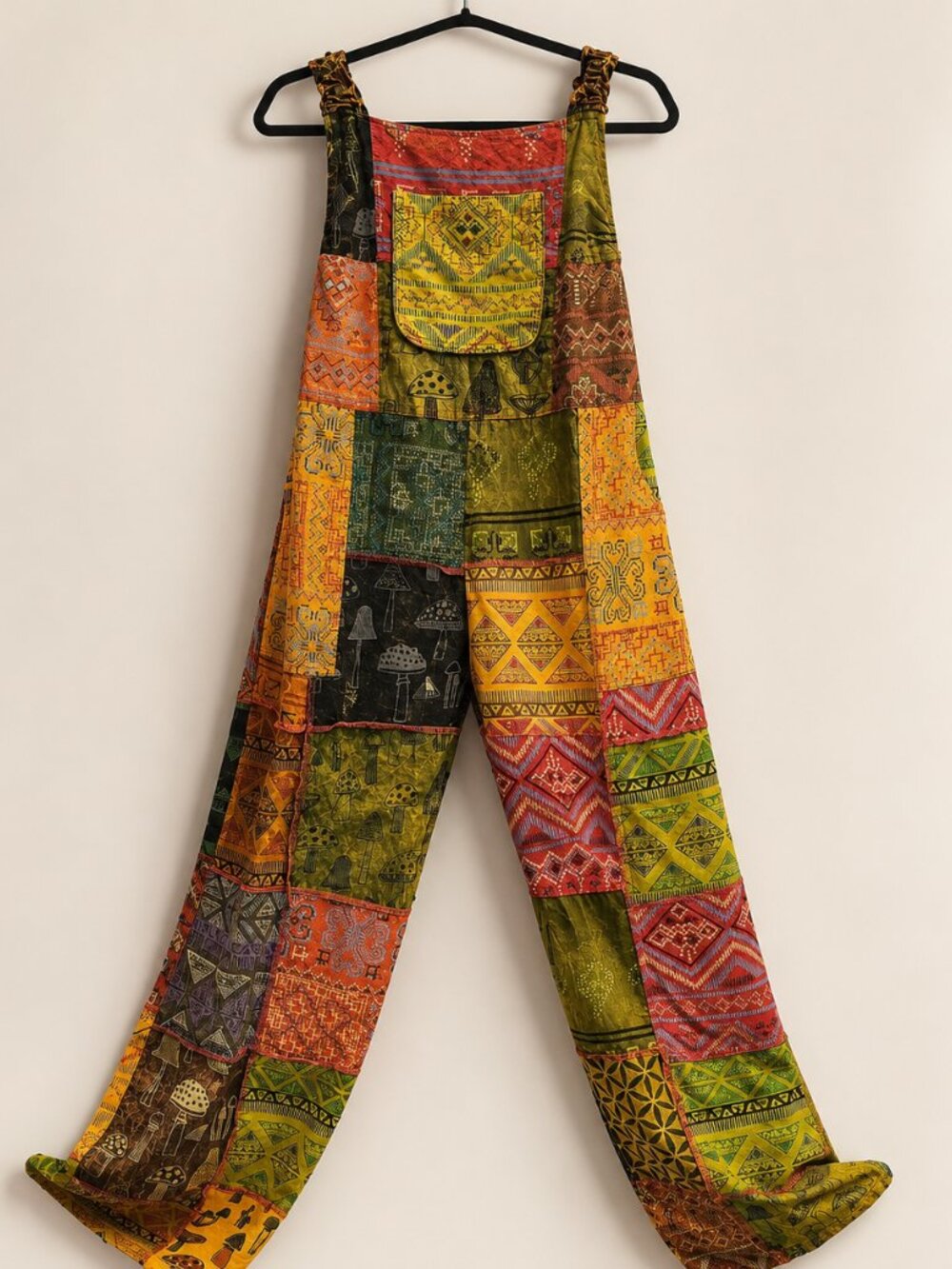 Mushroom Boho Patchwork Jumpsuit Overall Wide Leg Hippie Bohemian Cotton NWT